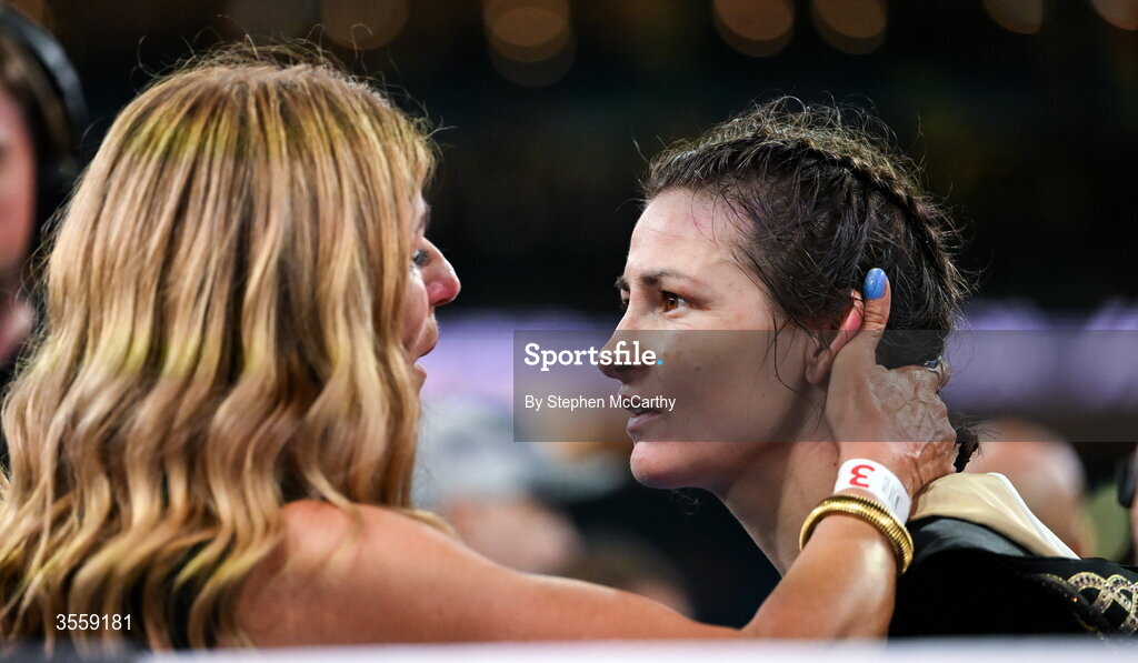 5 September 2026; Katie Taylor, right, celebrates with her mother Bridget Taylor after her undisputed super lightweight championship fight with Flora Pili at the Once Upon A Time fight night in Croke Park, Dublin. Photo by Stephen McCarthy/Sportsfile