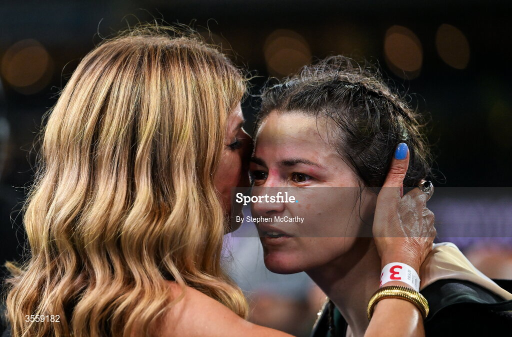 5 September 2026; Katie Taylor, right, celebrates with her mother Bridget Taylor after her undisputed super lightweight championship fight with Flora Pili at the Once Upon A Time fight night in Croke Park, Dublin. Photo by Stephen McCarthy/Sportsfile