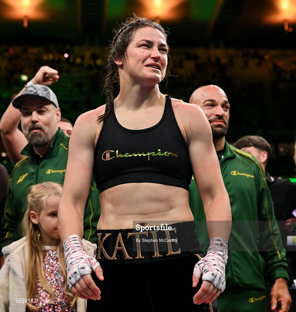 5 September 2026; Katie Taylor celebrates after her undisputed super lightweight championship fight with Flora Pili at the Once Upon A Time fight night in Croke Park, Dublin. Photo by Stephen McCarthy/Sportsfile