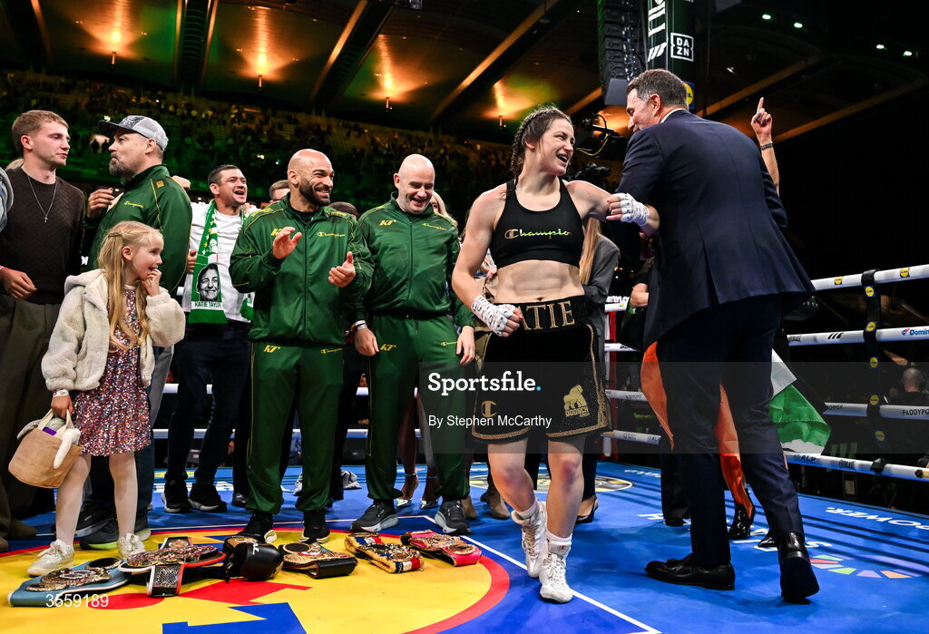 5 September 2026; Katie Taylor celebrates with Matchroom Boxing promoter Eddie Hearn after her undisputed super lightweight championship fight with Flora Pili at the Once Upon A Time fight night in Croke Park, Dublin. Photo by Stephen McCarthy/Sportsfile