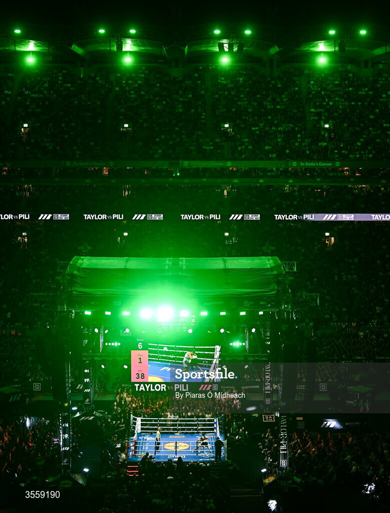5 September 2026; Katie Taylor and Flora Pili during their undisputed super lightweight championship fight at the Once Upon A Time fight night in Croke Park, Dublin. Photo by Piaras Ó Mídheach/Sportsfile