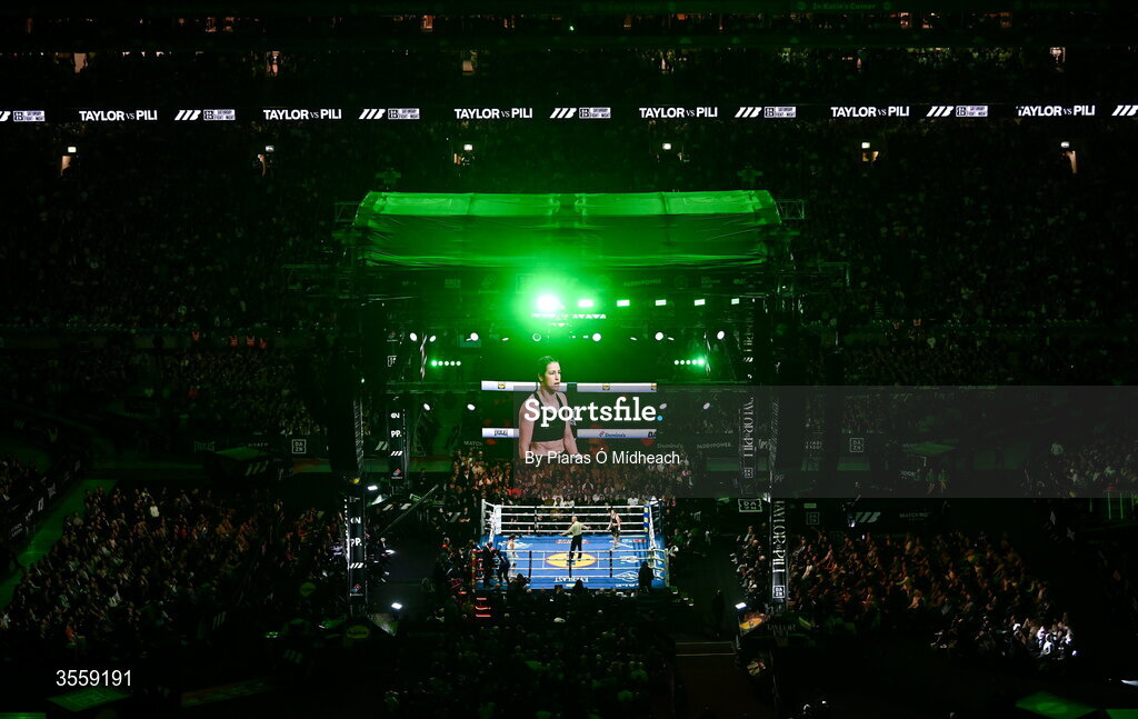 5 September 2026; Katie Taylor and Flora Pili during their undisputed super lightweight championship fight at the Once Upon A Time fight night in Croke Park, Dublin. Photo by Piaras Ó Mídheach/Sportsfile