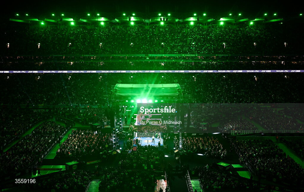 5 September 2026; Katie Taylor and Flora Pili during their undisputed super lightweight championship fight at the Once Upon A Time fight night in Croke Park, Dublin. Photo by Piaras Ó Mídheach/Sportsfile
