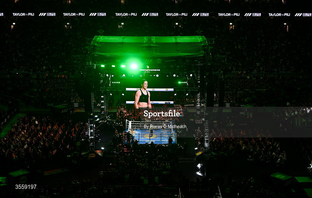 5 September 2026; Katie Taylor and Flora Pili during their undisputed super lightweight championship fight at the Once Upon A Time fight night in Croke Park, Dublin. Photo by Piaras Ó Mídheach/Sportsfile