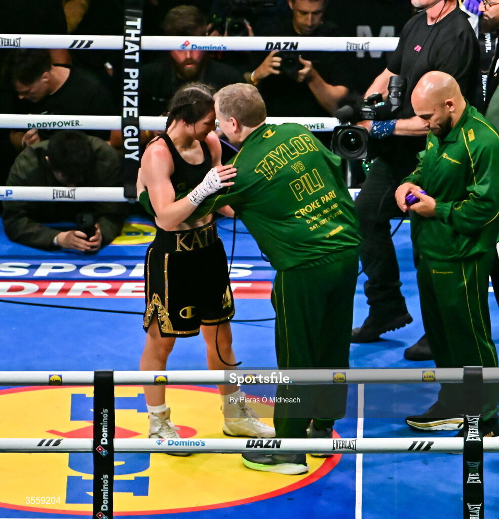 5 September 2026; Katie Taylor celebrates with her manager Brian Peters after her undisputed super lightweight championship fight with Flora Pili at the Once Upon A Time fight night in Croke Park, Dublin. Photo by Piaras Ó Mídheach/Sportsfile