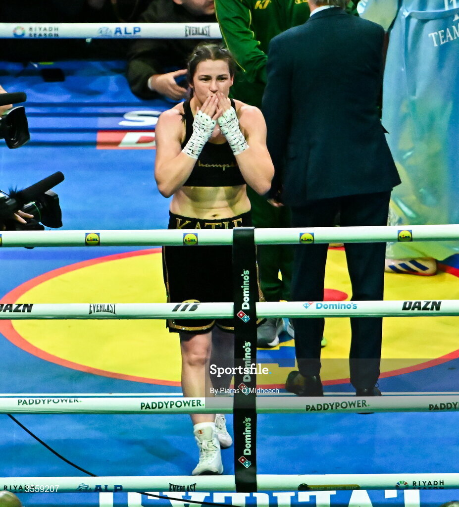 5 September 2026; Katie Taylor celebrates after her undisputed super lightweight championship fight with Flora Pili at the Once Upon A Time fight night in Croke Park, Dublin. Photo by Piaras Ó Mídheach/Sportsfile