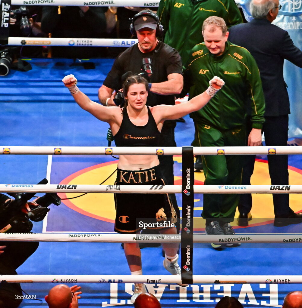 5 September 2026; Katie Taylor celebrates after her undisputed super lightweight championship fight with Flora Pili at the Once Upon A Time fight night in Croke Park, Dublin. Photo by Piaras Ó Mídheach/Sportsfile