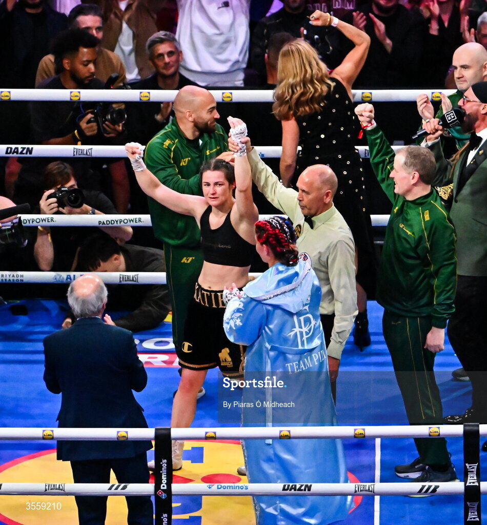 5 September 2026; Katie Taylor celebrates after her undisputed super lightweight championship fight with Flora Pili at the Once Upon A Time fight night in Croke Park, Dublin. Photo by Piaras Ó Mídheach/Sportsfile