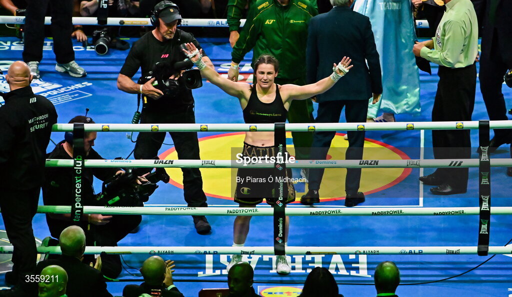 5 September 2026; Katie Taylor celebrates after her undisputed super lightweight championship fight with Flora Pili at the Once Upon A Time fight night in Croke Park, Dublin. Photo by Piaras Ó Mídheach/Sportsfile