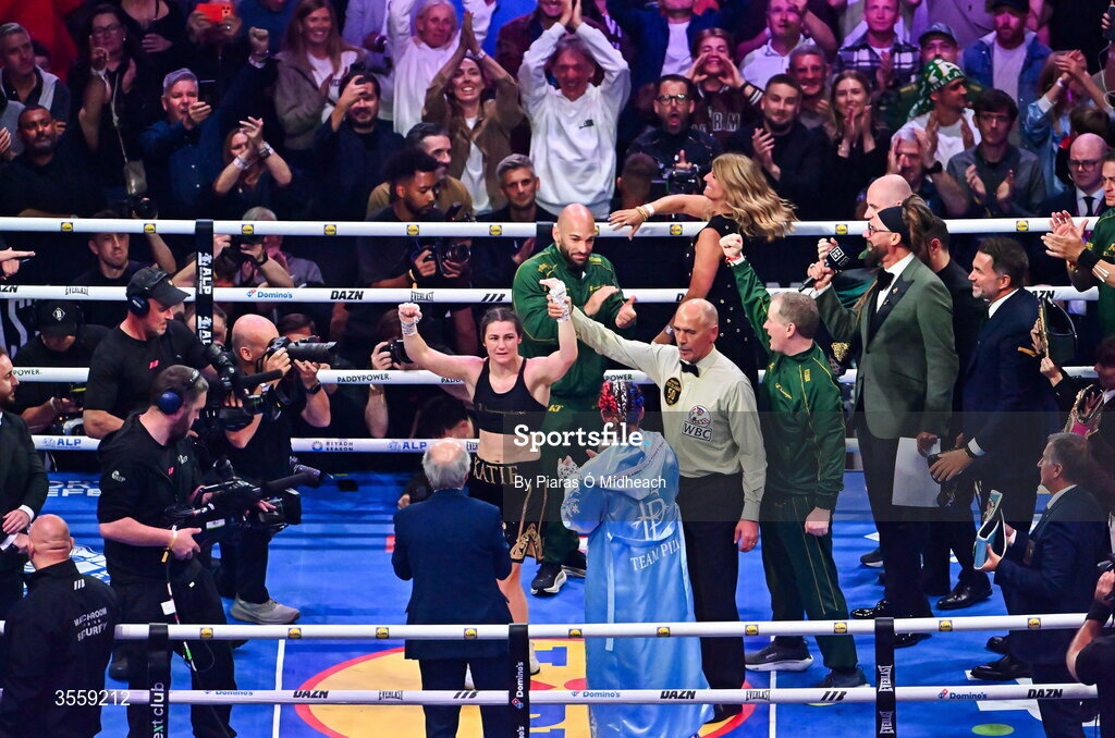 5 September 2026; Katie Taylor celebrates after her undisputed super lightweight championship fight with Flora Pili at the Once Upon A Time fight night in Croke Park, Dublin. Photo by Piaras Ó Mídheach/Sportsfile