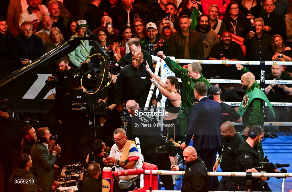 5 September 2026; Katie Taylor celebrates after her undisputed super lightweight championship fight with Flora Pili at the Once Upon A Time fight night in Croke Park, Dublin. Photo by Piaras Ó Mídheach/Sportsfile