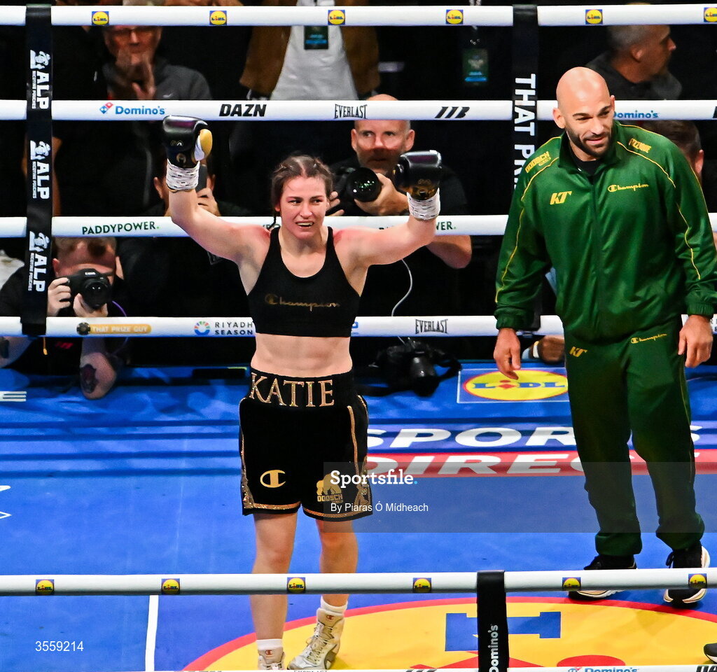 5 September 2026; Katie Taylor, left, celebrates after her undisputed super lightweight championship fight with Flora Pili at the Once Upon A Time fight night in Croke Park, Dublin. Photo by Piaras Ó Mídheach/Sportsfile