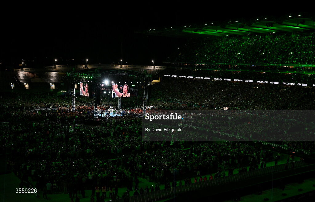 5 September 2026; Katie Taylor celebrates after her undisputed super lightweight championship fight with Flora Pili at the Once Upon A Time fight night in Croke Park, Dublin. Photo by David Fitzgerald/Sportsfile