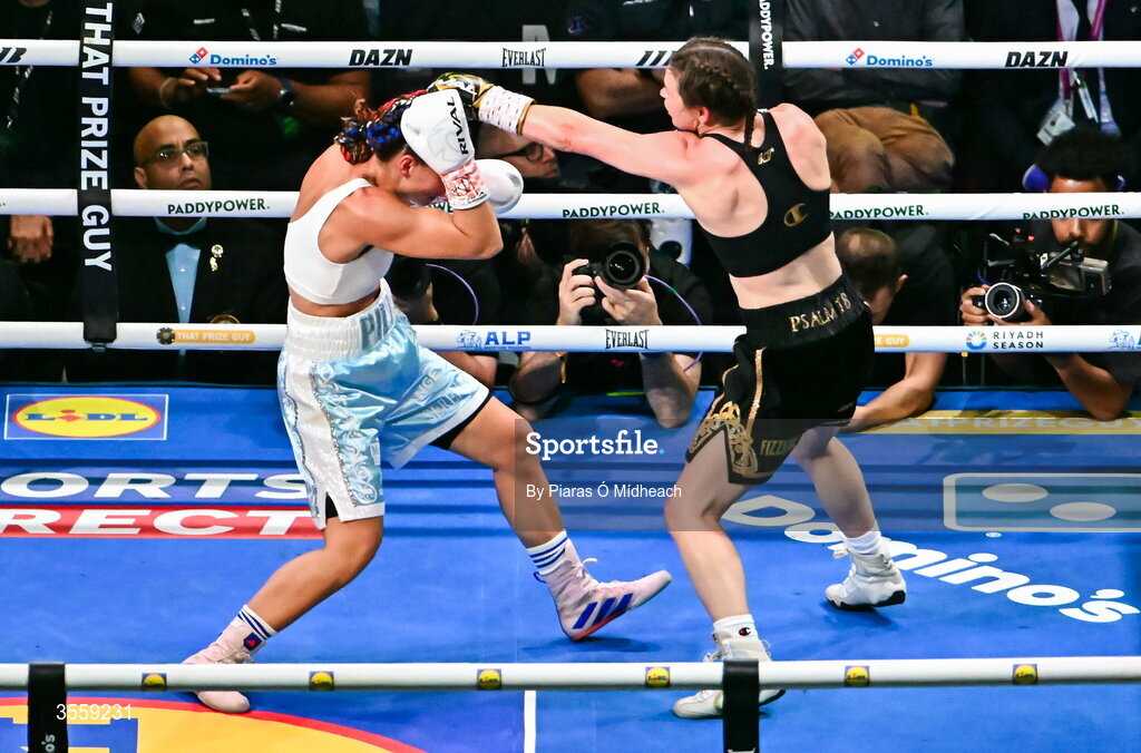 5 September 2026; Katie Taylor, right, and Flora Pili during their undisputed super lightweight championship fight at the Once Upon A Time fight night in Croke Park, Dublin. Photo by Piaras Ó Mídheach/Sportsfile