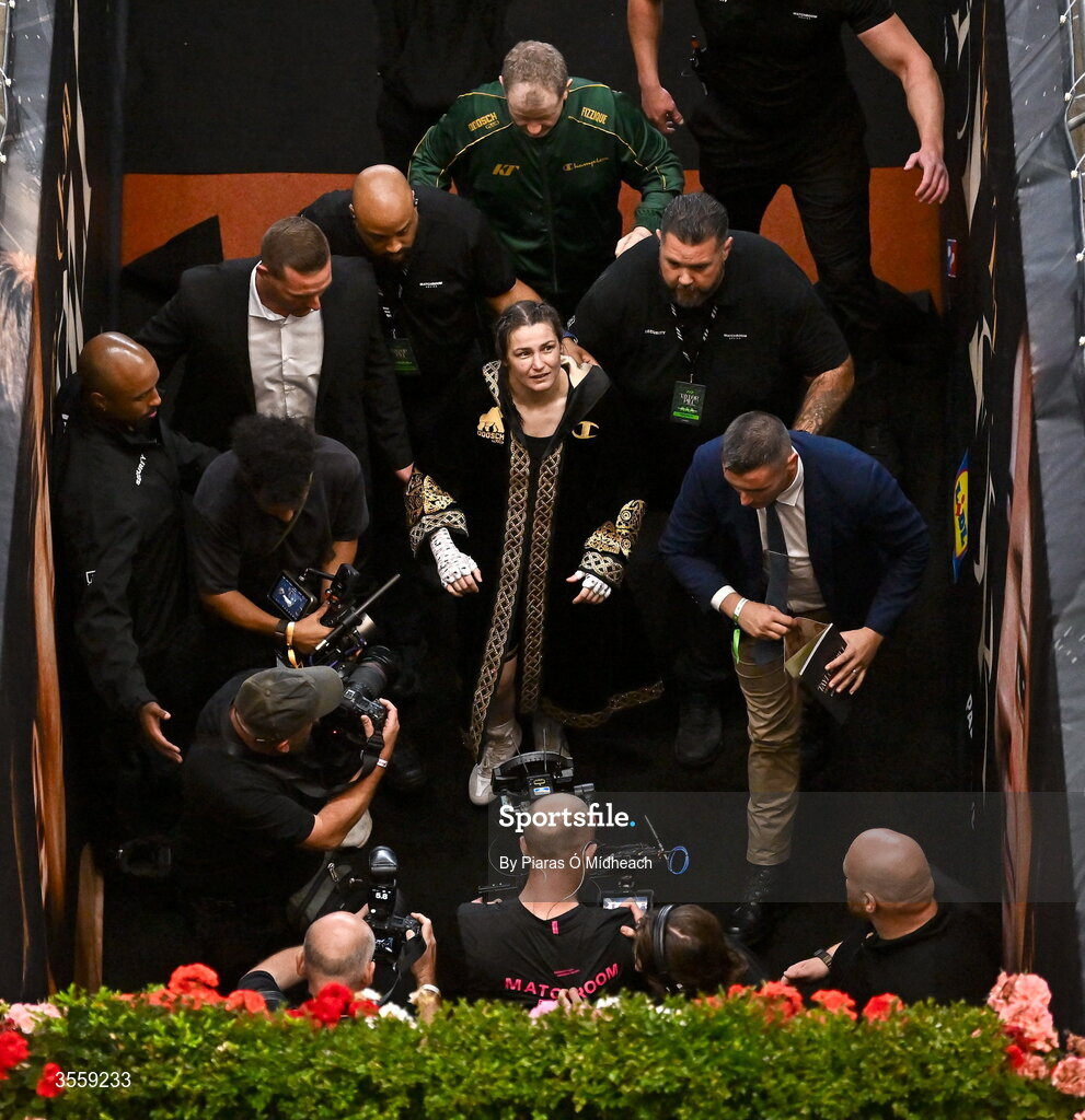 5 September 2026; Katie Taylor after her undisputed super lightweight championship fight with Flora Pili at the Once Upon A Time fight night in Croke Park, Dublin. Photo by Piaras Ó Mídheach/Sportsfile