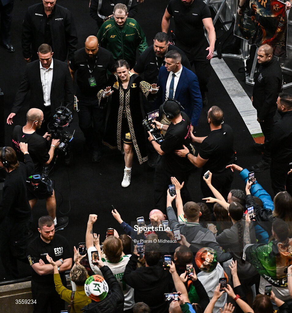 5 September 2026; Katie Taylor after her undisputed super lightweight championship fight with Flora Pili at the Once Upon A Time fight night in Croke Park, Dublin. Photo by Piaras Ó Mídheach/Sportsfile