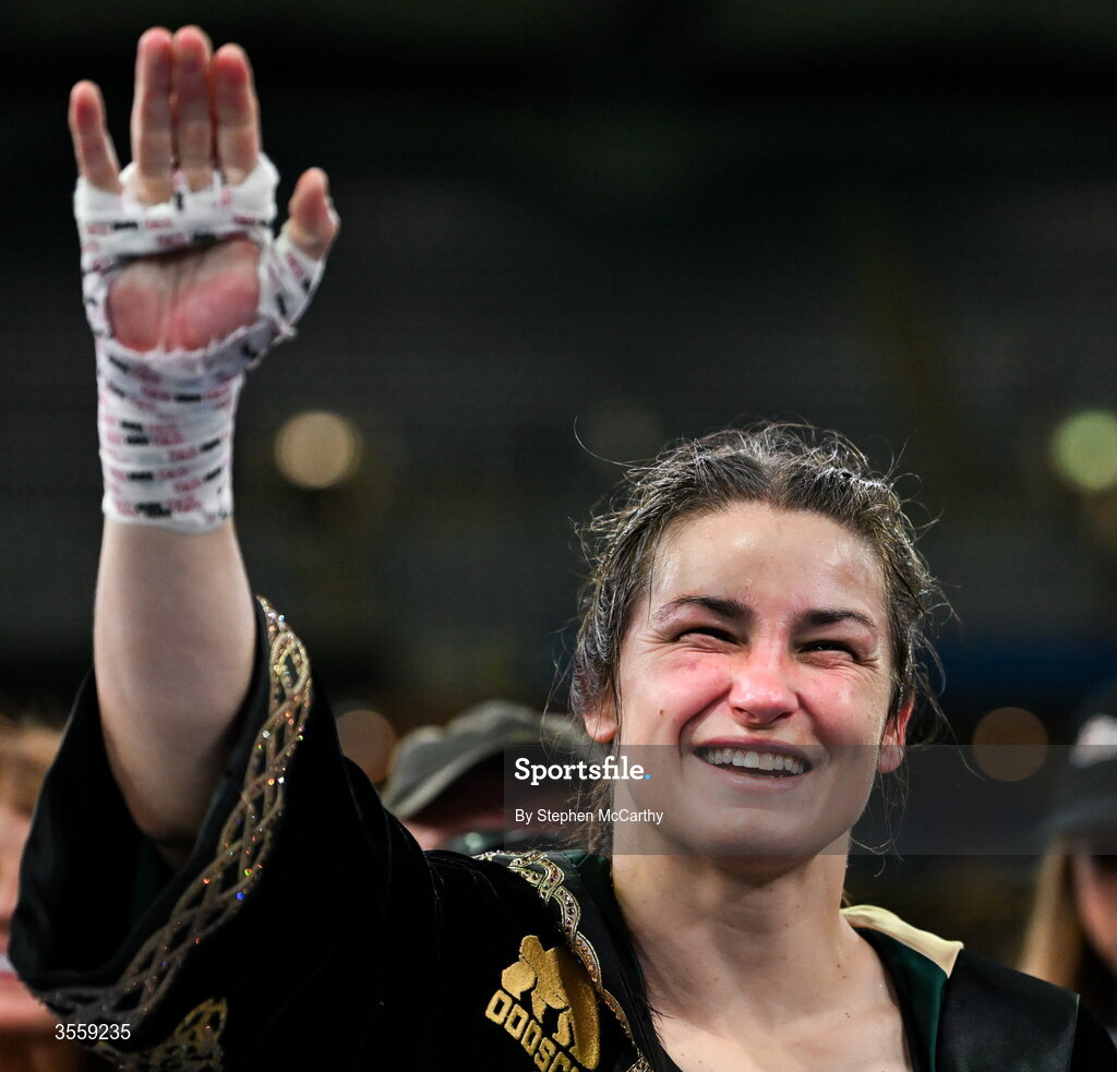 5 September 2026; Katie Taylor celebrates after her undisputed super lightweight championship fight with Flora Pili at the Once Upon A Time fight night in Croke Park, Dublin. Photo by Stephen McCarthy/Sportsfile