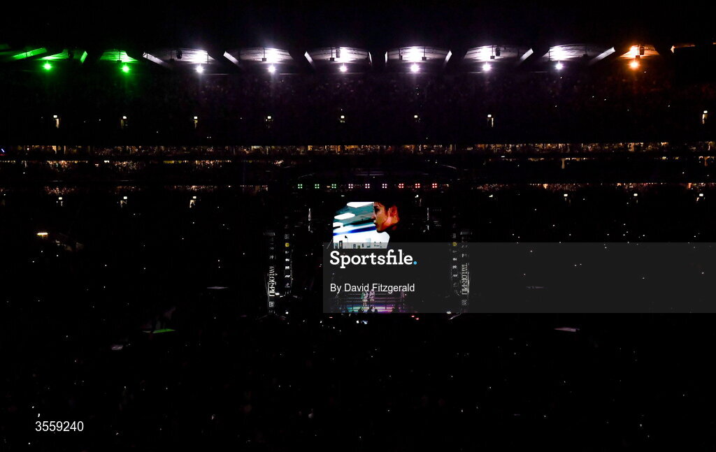 5 September 2026; Aoife Scott, left, and Róisín O perform Amhrán na bhFiann ahead of the undisputed super lightweight championship fight between Katie Taylor and Flora Pili at the Once Upon A Time fight night in Croke Park, Dublin. Photo by David Fitzgerald/Sportsfile