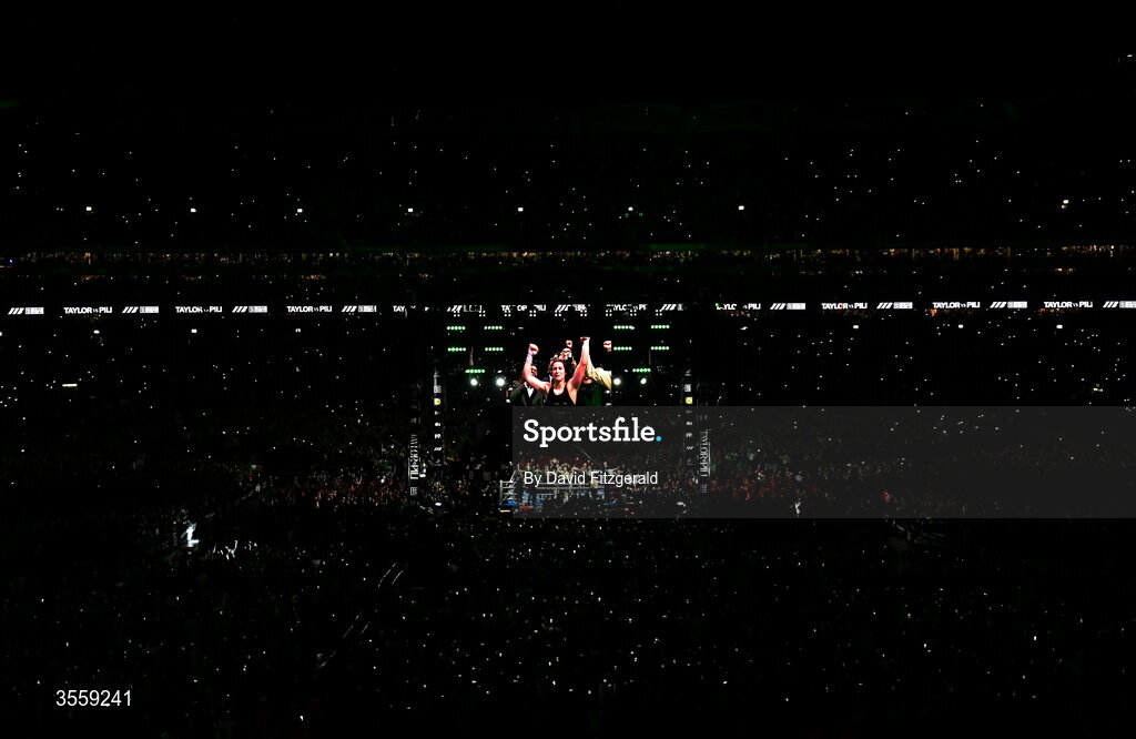 5 September 2026; Katie Taylor celebrates after her undisputed super lightweight championship fight with Flora Pili at the Once Upon A Time fight night in Croke Park, Dublin. Photo by David Fitzgerald/Sportsfile