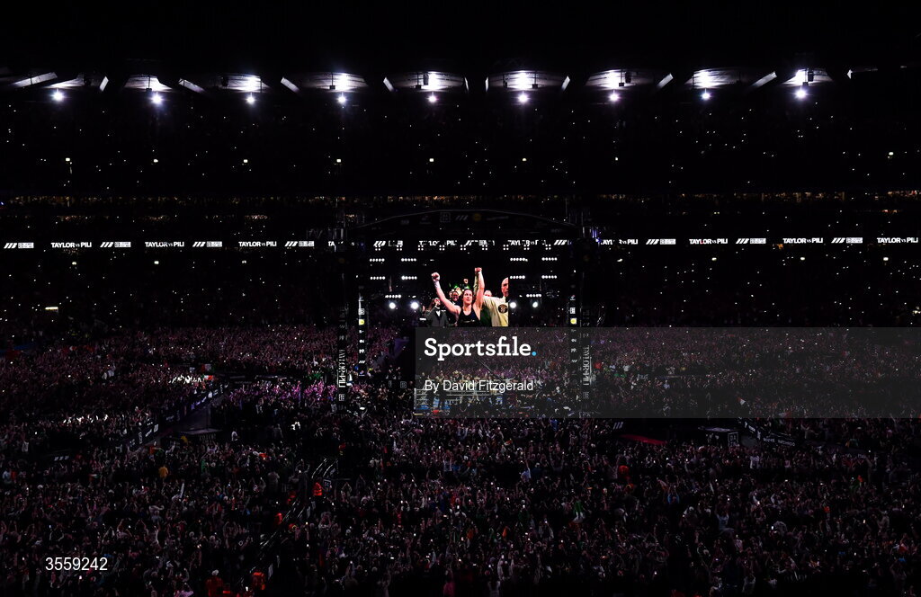 5 September 2026; Katie Taylor celebrates after her undisputed super lightweight championship fight with Flora Pili at the Once Upon A Time fight night in Croke Park, Dublin. Photo by David Fitzgerald/Sportsfile