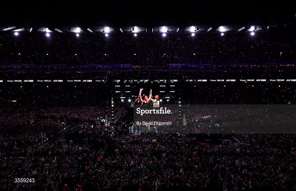 5 September 2026; Katie Taylor celebrates after her undisputed super lightweight championship fight with Flora Pili at the Once Upon A Time fight night in Croke Park, Dublin. Photo by David Fitzgerald/Sportsfile