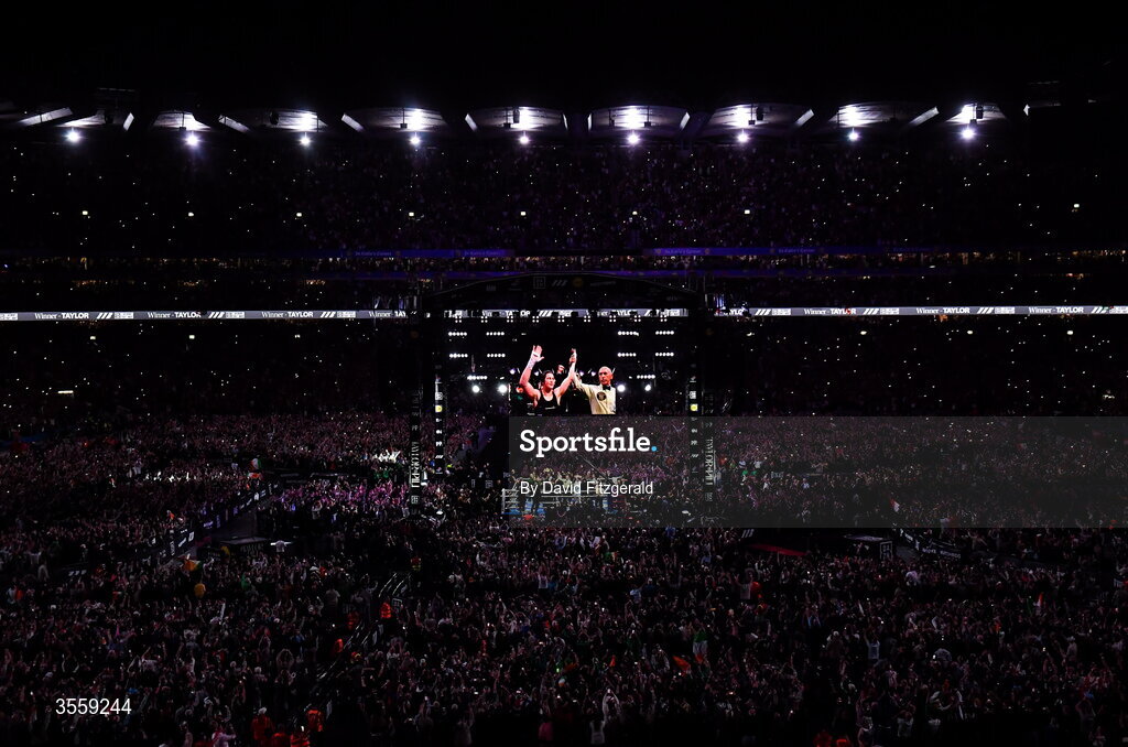 5 September 2026; Katie Taylor celebrates after her undisputed super lightweight championship fight with Flora Pili at the Once Upon A Time fight night in Croke Park, Dublin. Photo by David Fitzgerald/Sportsfile