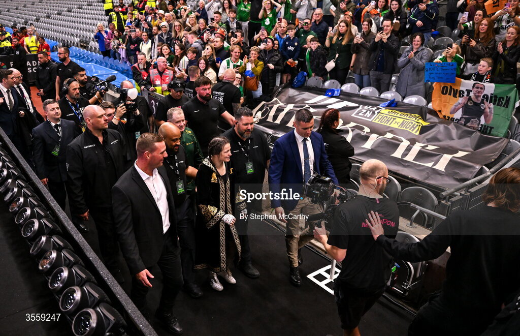 5 September 2026; Katie Taylor walks back into the tunnel after her undisputed super lightweight championship fight with Flora Pili at the Once Upon A Time fight night in Croke Park, Dublin. Photo by Stephen McCarthy/Sportsfile