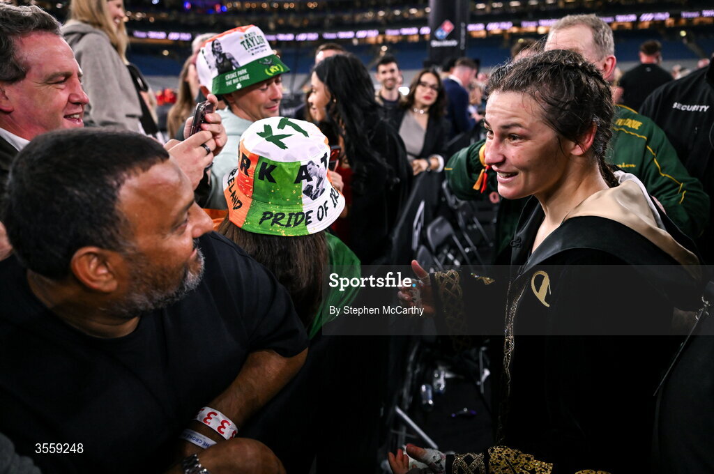 5 September 2026; Katie Taylor with former boxer Prince Naseem Hamed after her undisputed super lightweight championship fight with Flora Pili at the Once Upon A Time fight night in Croke Park, Dublin. Photo by Stephen McCarthy/Sportsfile