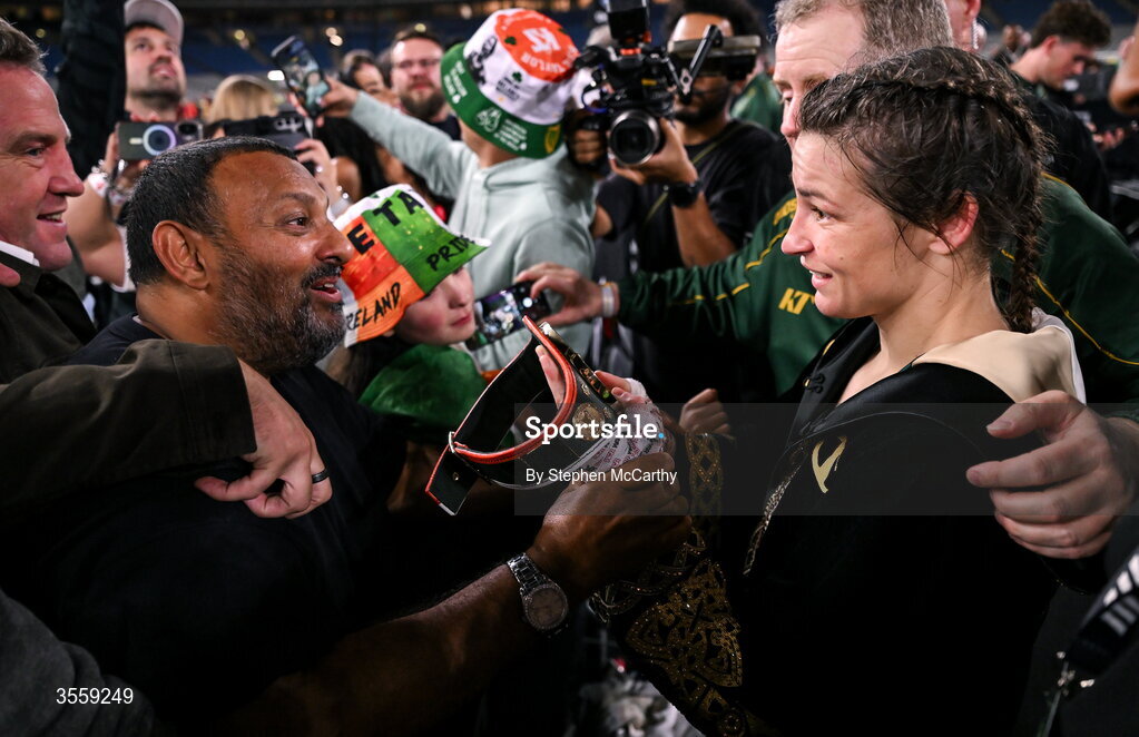 5 September 2026; Katie Taylor with former boxer Prince Naseem Hamed after her undisputed super lightweight championship fight with Flora Pili at the Once Upon A Time fight night in Croke Park, Dublin. Photo by Stephen McCarthy/Sportsfile