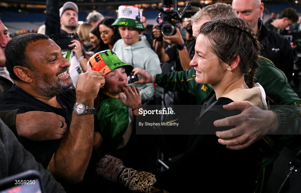 5 September 2026; Katie Taylor with former boxer Prince Naseem Hamed after her undisputed super lightweight championship fight with Flora Pili at the Once Upon A Time fight night in Croke Park, Dublin. Photo by Stephen McCarthy/Sportsfile