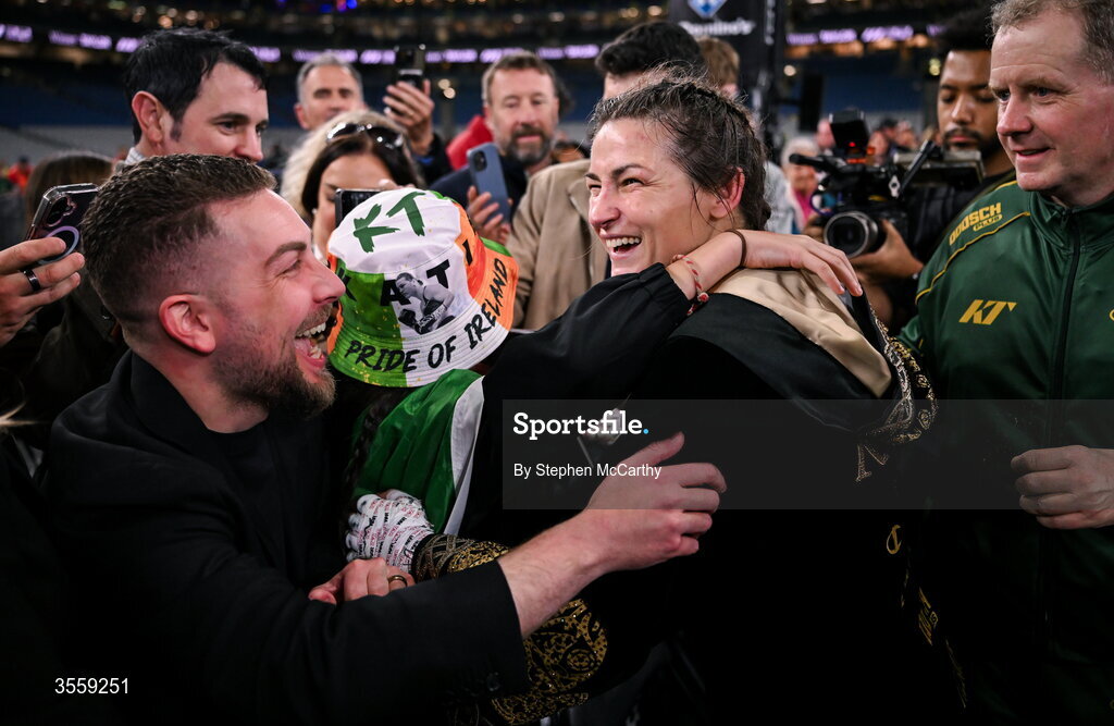 5 September 2026; Katie Taylor with supporters after her undisputed super lightweight championship fight with Flora Pili at the Once Upon A Time fight night in Croke Park, Dublin. Photo by Stephen McCarthy/Sportsfile