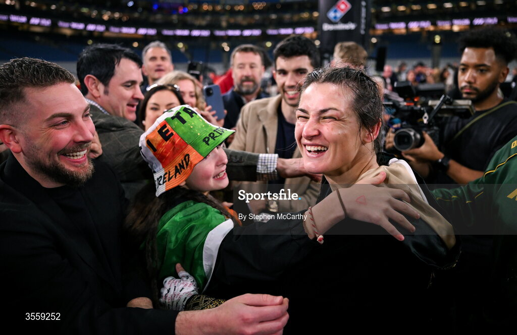 5 September 2026; Katie Taylor with supporters after her undisputed super lightweight championship fight with Flora Pili at the Once Upon A Time fight night in Croke Park, Dublin. Photo by Stephen McCarthy/Sportsfile