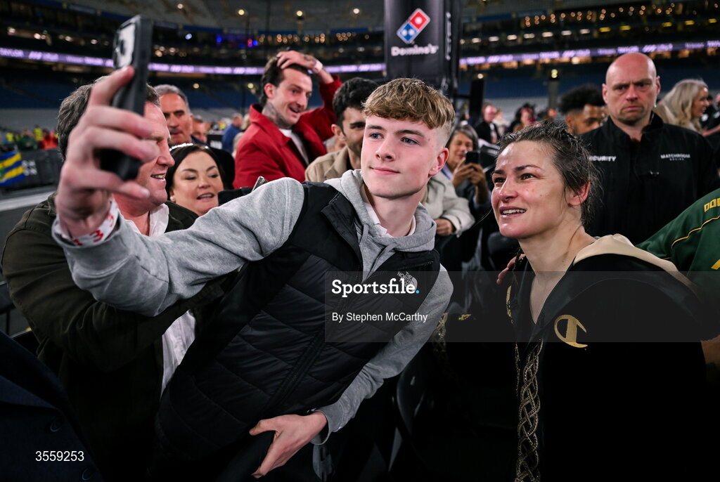 5 September 2026; Katie Taylor with supporters after her undisputed super lightweight championship fight with Flora Pili at the Once Upon A Time fight night in Croke Park, Dublin. Photo by Stephen McCarthy/Sportsfile