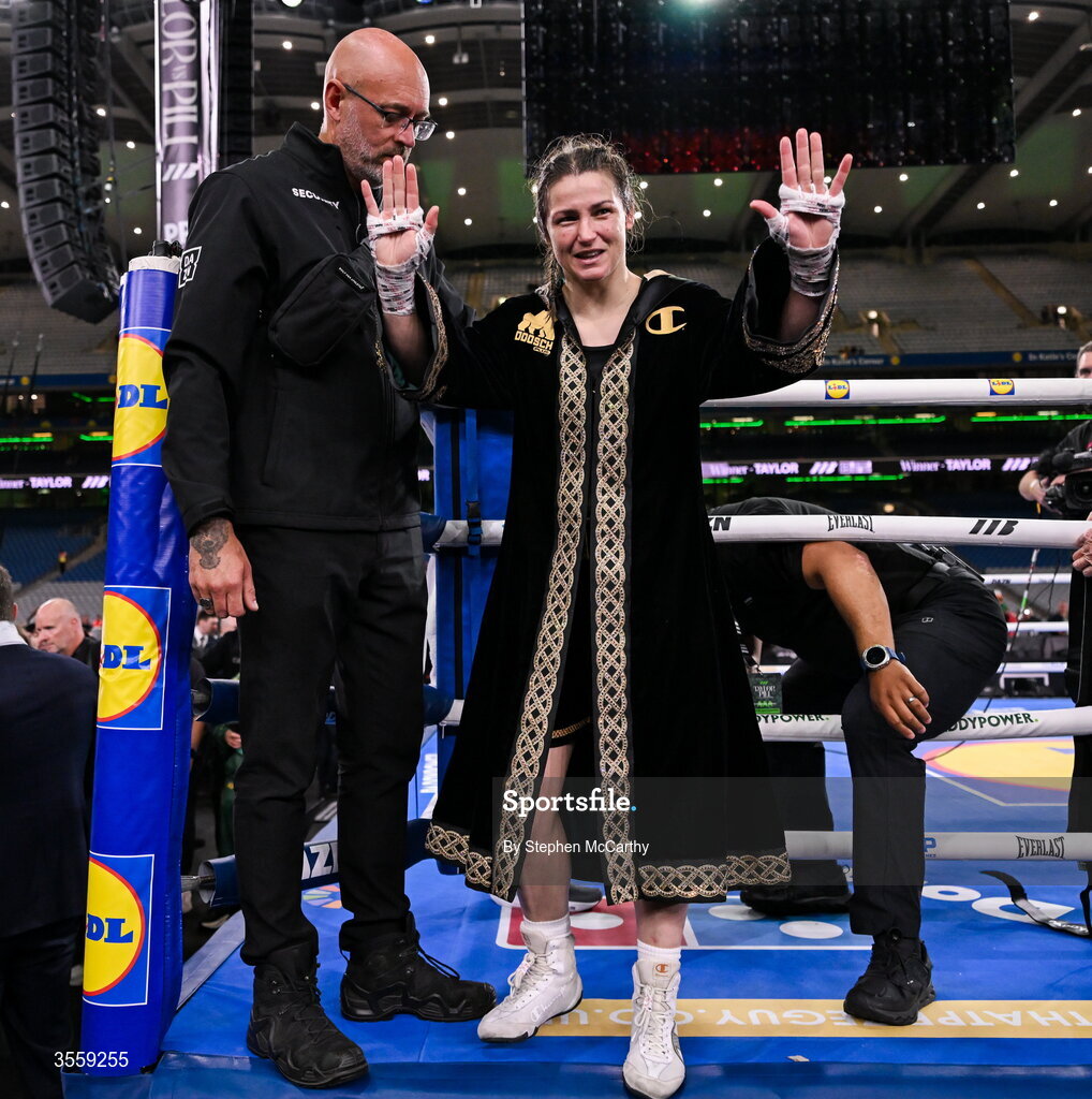 5 September 2026; Katie Taylor leaves the ring after her undisputed super lightweight championship fight with Flora Pili at the Once Upon A Time fight night in Croke Park, Dublin. Photo by Stephen McCarthy/Sportsfile