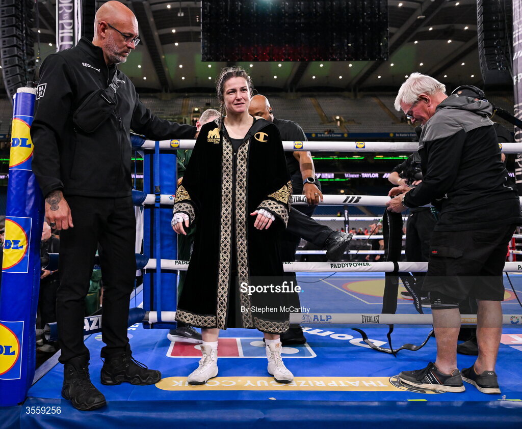 5 September 2026; Katie Taylor leaves the ring after her undisputed super lightweight championship fight with Flora Pili at the Once Upon A Time fight night in Croke Park, Dublin. Photo by Stephen McCarthy/Sportsfile