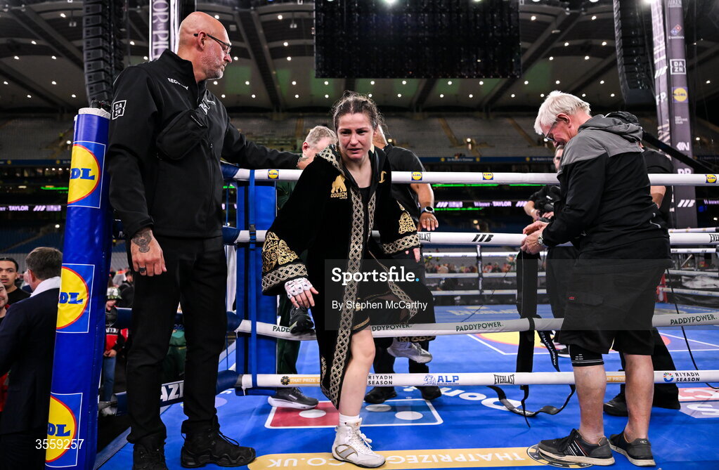 5 September 2026; Katie Taylor leaves the ring after her undisputed super lightweight championship fight with Flora Pili at the Once Upon A Time fight night in Croke Park, Dublin. Photo by Stephen McCarthy/Sportsfile