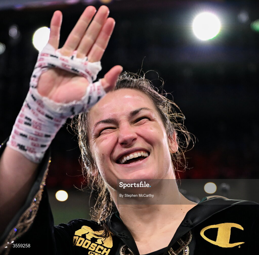 5 September 2026; Katie Taylor celebrates after her undisputed super lightweight championship fight with Flora Pili at the Once Upon A Time fight night in Croke Park, Dublin. Photo by Stephen McCarthy/Sportsfile