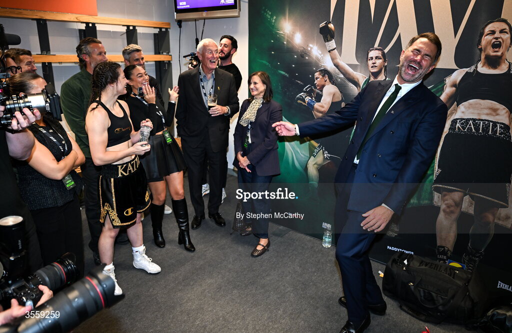 5 September 2026; Katie Taylor, left, and Matchroom Boxing promoter Eddie Hearn after her undisputed super lightweight championship fight with Flora Pili at the Once Upon A Time fight night in Croke Park, Dublin. Photo by Stephen McCarthy/Sportsfile
