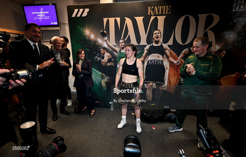 5 September 2026; Katie Taylor, centre, after her undisputed super lightweight championship fight with Flora Pili at the Once Upon A Time fight night in Croke Park, Dublin. Photo by Stephen McCarthy/Sportsfile