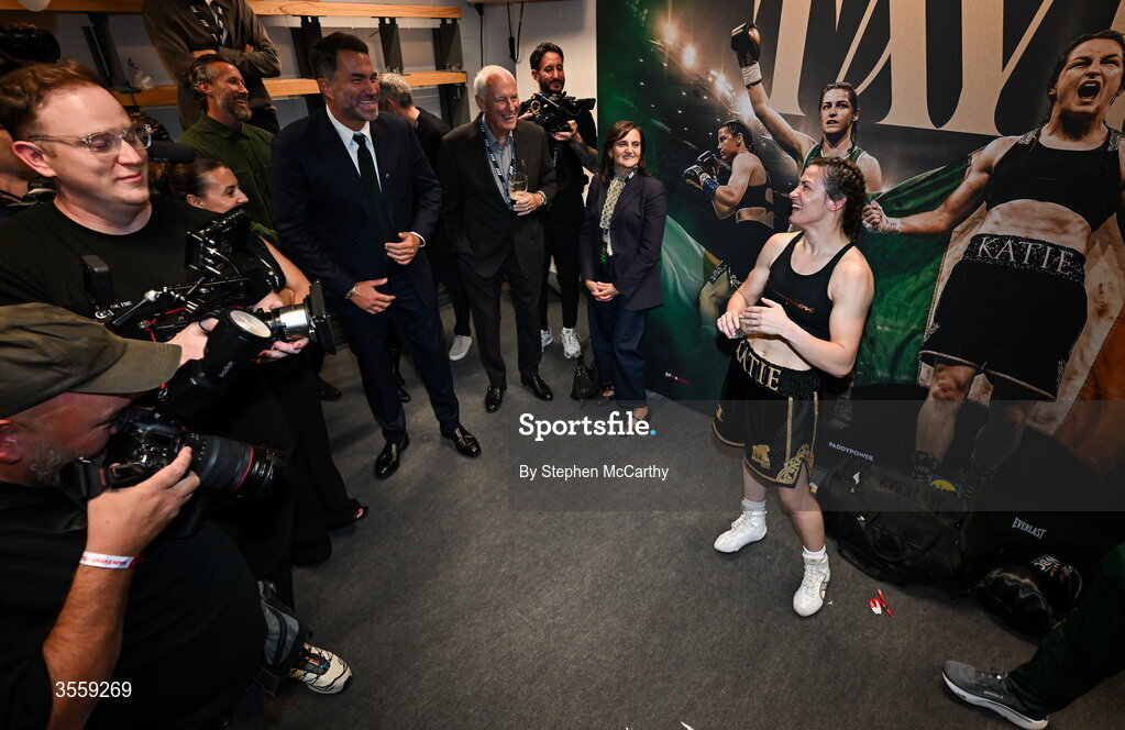 5 September 2026; Katie Taylor, right, after her undisputed super lightweight championship fight with Flora Pili at the Once Upon A Time fight night in Croke Park, Dublin. Photo by Stephen McCarthy/Sportsfile