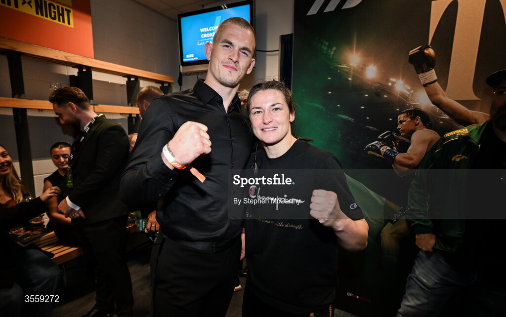 5 September 2026; Katie Taylor, right, with UFC fighter Ian Machado Garry after her undisputed super lightweight championship fight with Flora Pili at the Once Upon A Time fight night in Croke Park, Dublin. Photo by Stephen McCarthy/Sportsfile