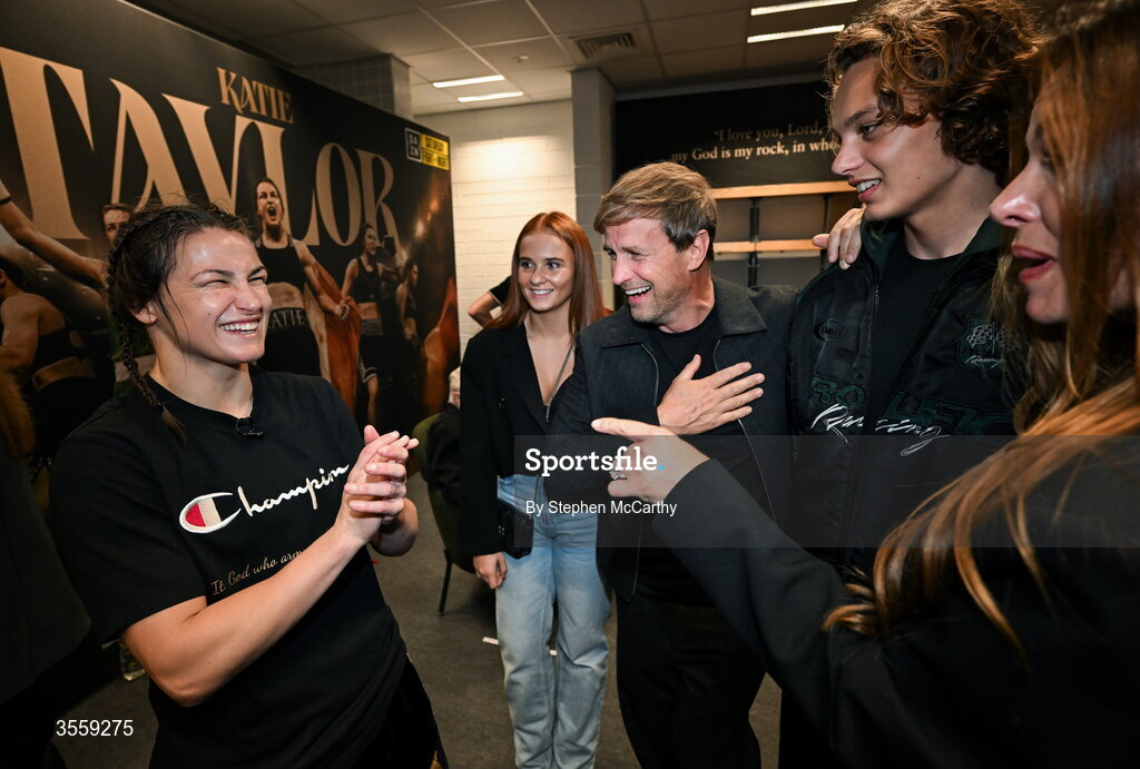 5 September 2026; Katie Taylor with Kian Egan of Westlife and family after her undisputed super lightweight championship fight with Flora Pili at the Once Upon A Time fight night in Croke Park, Dublin. Photo by Stephen McCarthy/Sportsfile