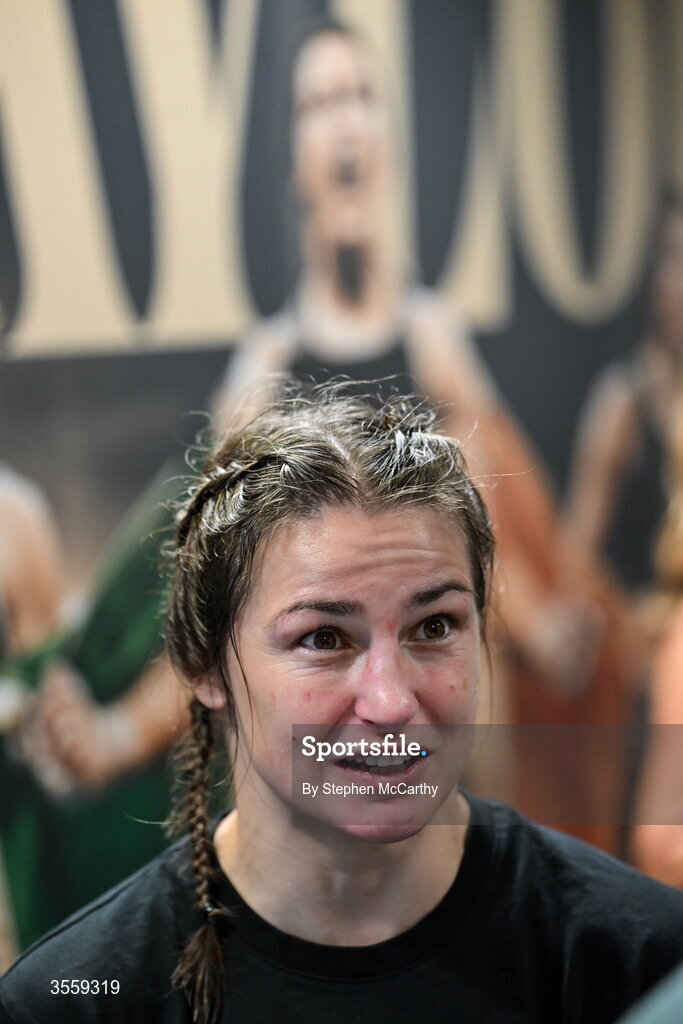 5 September 2026; Katie Taylor in her dressing room following her undisputed super lightweight championship fight vicotry over Flora Pili at the Once Upon A Time fight night in Croke Park, Dublin. Photo by Stephen McCarthy/Sportsfile