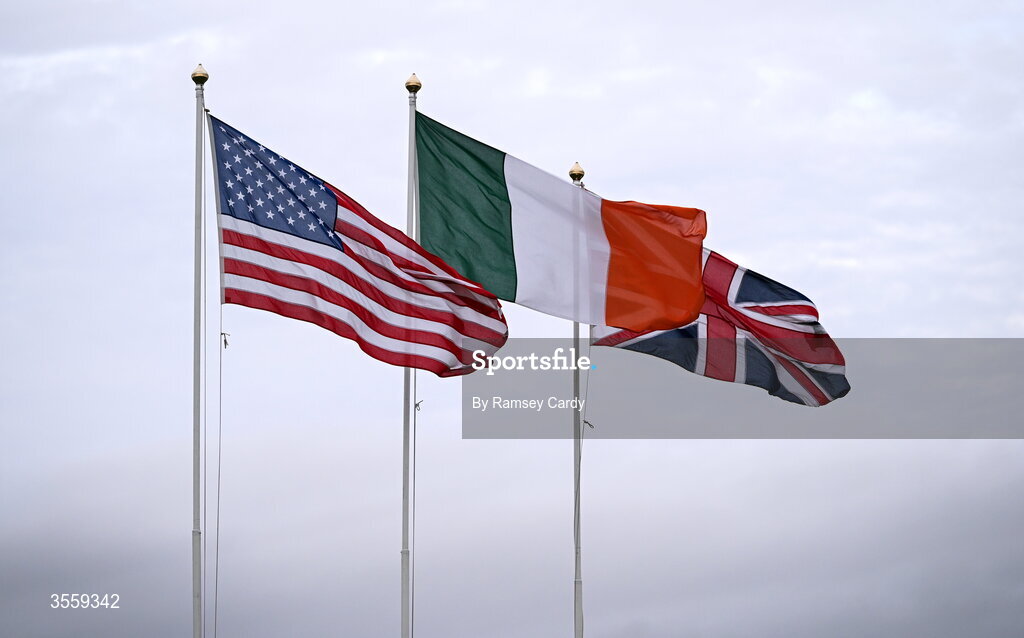 6 September 2026; Flags blow in the wind during the morning foursomes on day two of the 51st Walker Cup at Lahinch Golf Club in Lahinch, Clare. Photo by Ramsey Cardy/Sportsfile