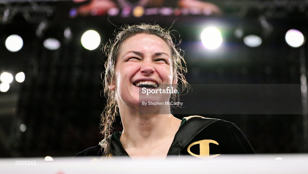 5 September 2026; Katie Taylor following her undisputed super lightweight championship fight victory over Flora Pili at the Once Upon A Time fight night in Croke Park, Dublin. Photo by Stephen McCarthy/Sportsfile