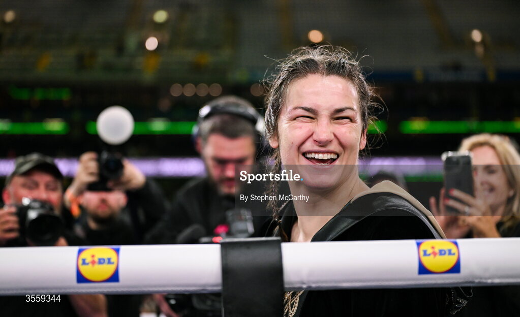 5 September 2026; Katie Taylor following her undisputed super lightweight championship fight victory over Flora Pili at the Once Upon A Time fight night in Croke Park, Dublin. Photo by Stephen McCarthy/Sportsfile