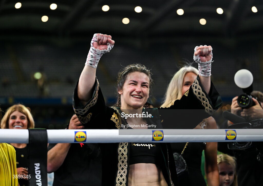 5 September 2026; Katie Taylor following her undisputed super lightweight championship fight victory over Flora Pili at the Once Upon A Time fight night in Croke Park, Dublin. Photo by Stephen McCarthy/Sportsfile