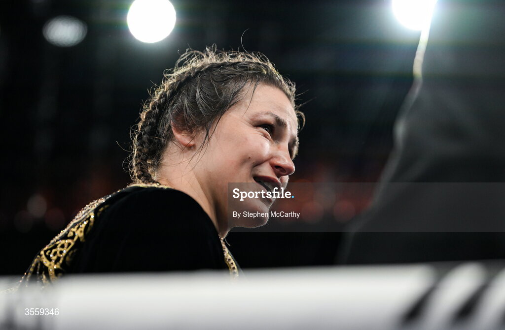 5 September 2026; Katie Taylor following her undisputed super lightweight championship fight victory over Flora Pili at the Once Upon A Time fight night in Croke Park, Dublin. Photo by Stephen McCarthy/Sportsfile
