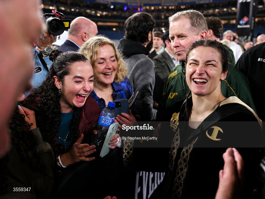 5 September 2026; Katie Taylor with supporters following her undisputed super lightweight championship fight victory over Flora Pili at the Once Upon A Time fight night in Croke Park, Dublin. Photo by Stephen McCarthy/Sportsfile