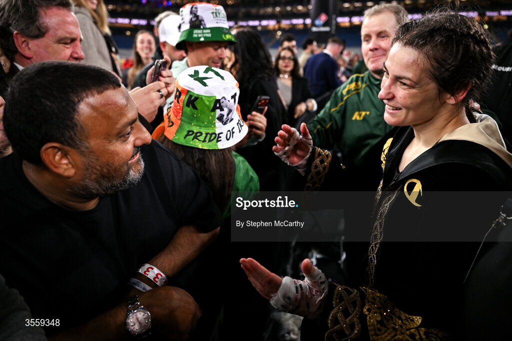 5 September 2026; Katie Taylor meets Prince Naseem Hamed following her undisputed super lightweight championship fight victory over Flora Pili at the Once Upon A Time fight night in Croke Park, Dublin. Photo by Stephen McCarthy/Sportsfile